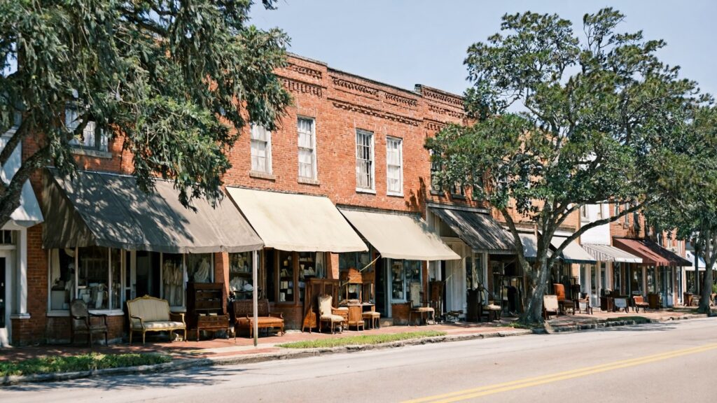 Historic red brick antique shop storefronts on a tree-lined main street in downtown Ponchatoula Louisiana