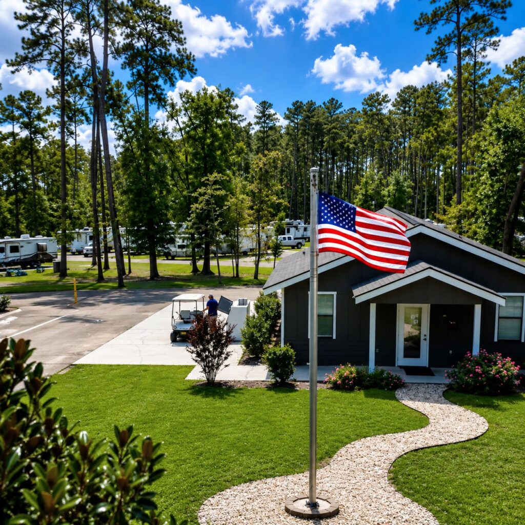 A dark gray cabin with white trim sits on a manicured green lawn under a bright blue sky with scattered clouds at Fireside RV Resort in Ponchatoula, Louisiana.