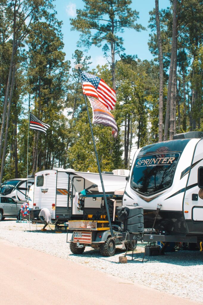 A spacious RV site among the pines at Fireside RV Resort, an easy interstate stop for snowbirds in Ponchatoula, Louisiana.
