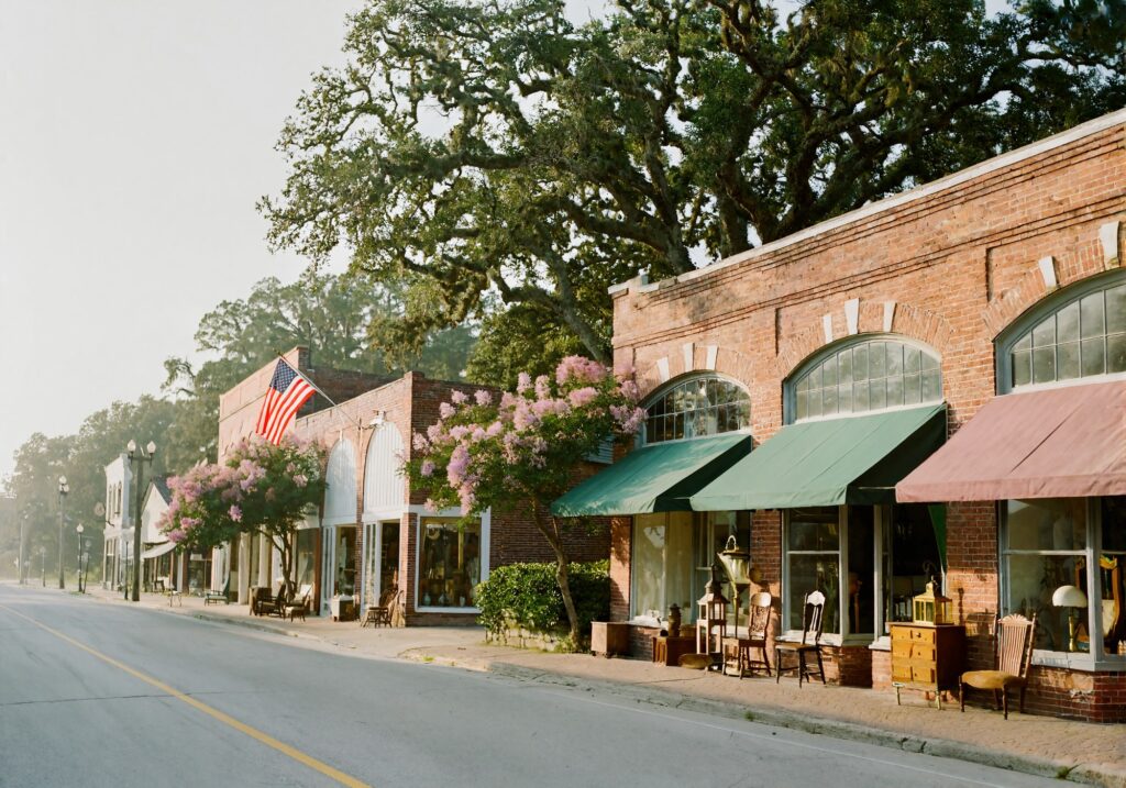 A quiet small-town Louisiana Main Street at sunrise lined with two-story red brick storefronts, green and rose awnings, blooming pink crepe myrtles, an American flag, and antique chairs displayed on the sidewalk
