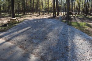 Spacious wooded full hookup RV site with fire ring at a Louisiana snowbird park
