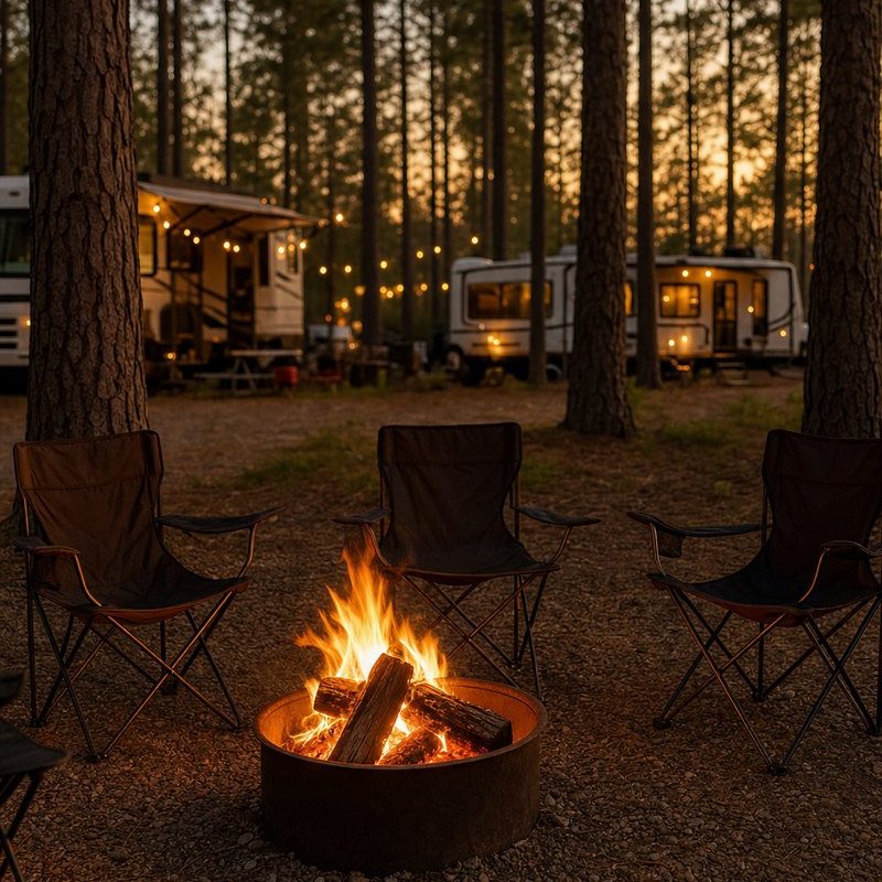 A warm campfire glows on a cool evening at Fireside RV Resort, a snowbird campground in Ponchatoula, Louisiana.